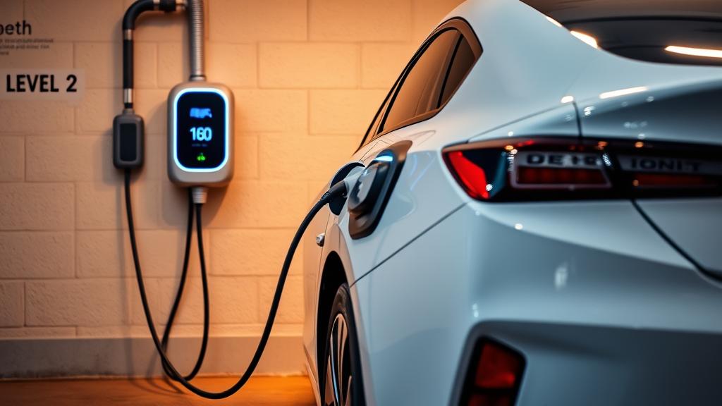 Electric vehicle charging at a home Level 2 charger in a residential garage, electricity cost comparison concept 2026