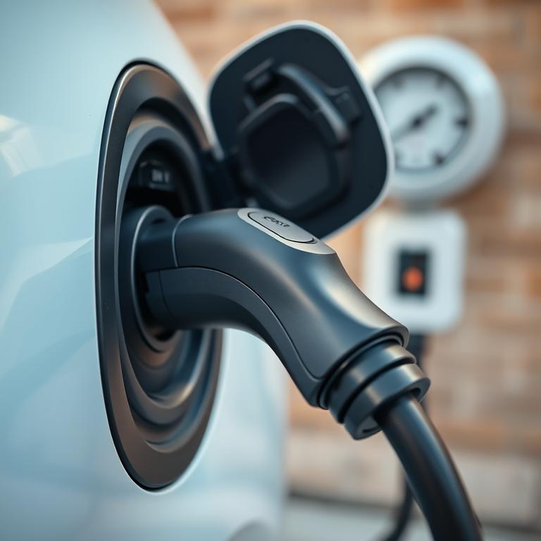 EV charging port detail with electricity meter visible in the background showing kilowatt-hour consumption
