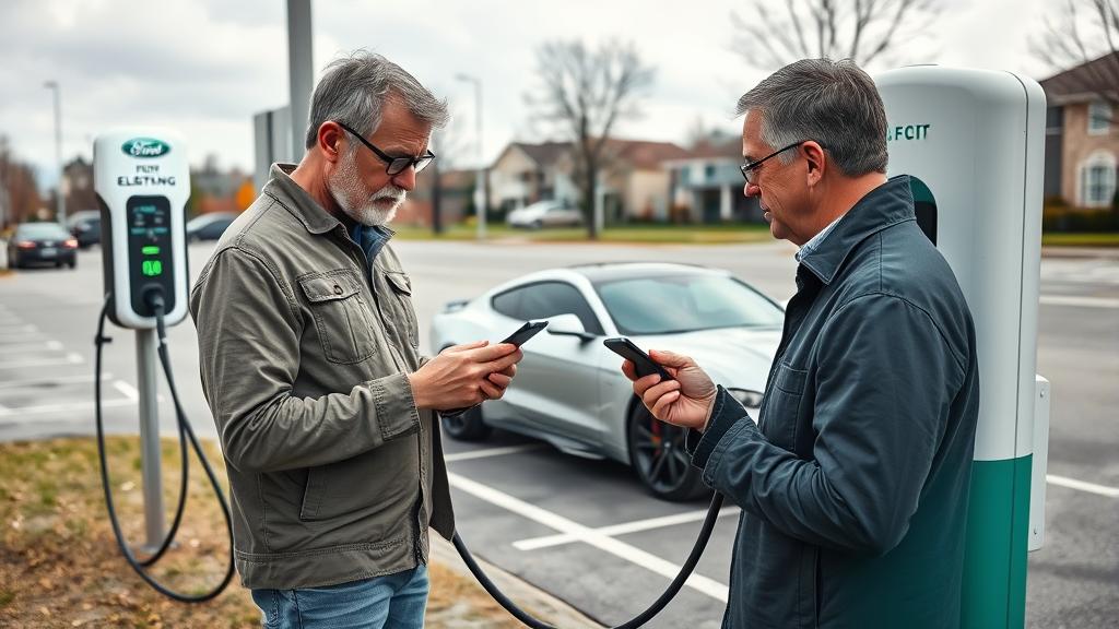 EV driver reviewing state electricity rate information on a phone while standing next to a charging station