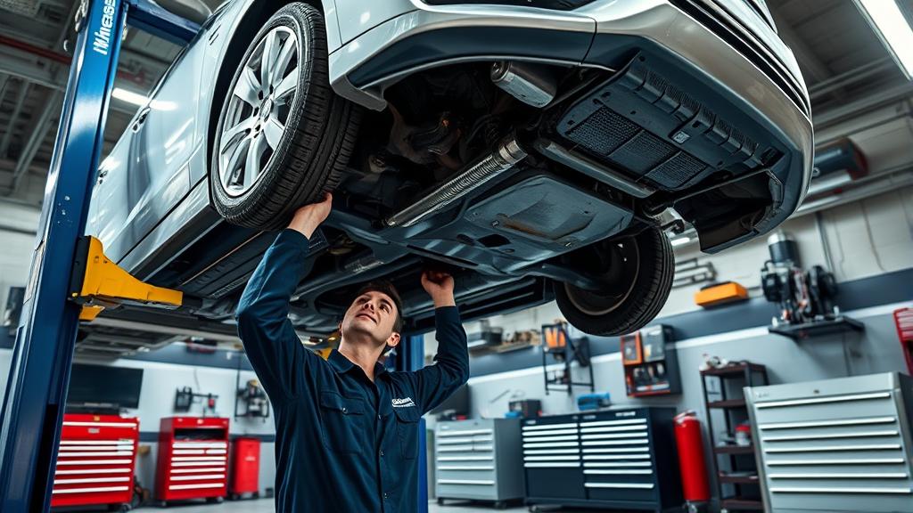 A clean, well-organized independent auto repair shop interior with a mechanic in uniform inspecting a vehicle on a hydraulic lift