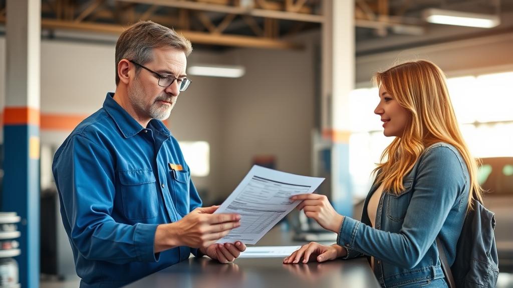 Customer and mechanic reviewing a written repair estimate together at a service counter