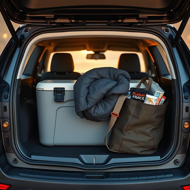 Organized cargo area of a compact SUV packed with road trip gear including cooler, sleeping bag, and grocery bags