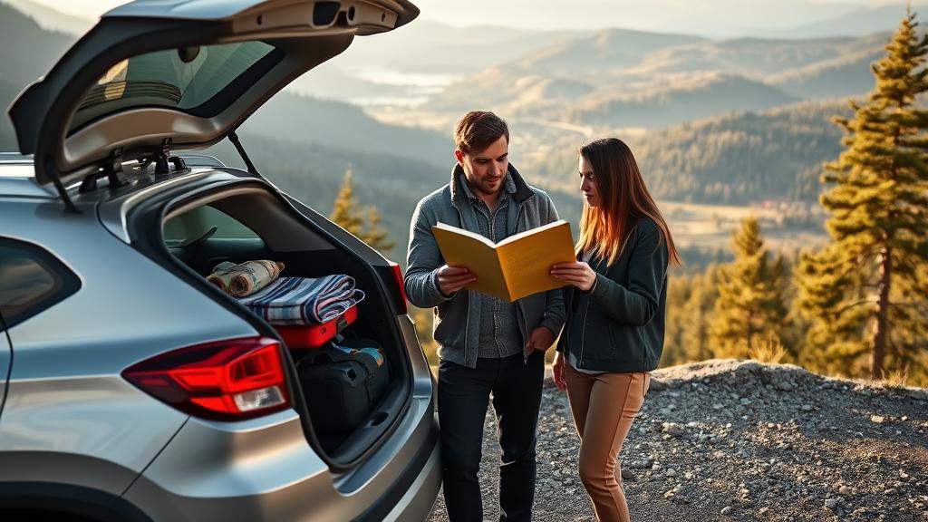 Couple reviewing a road map beside their loaded SUV at a mountain highway overlook in late afternoon light