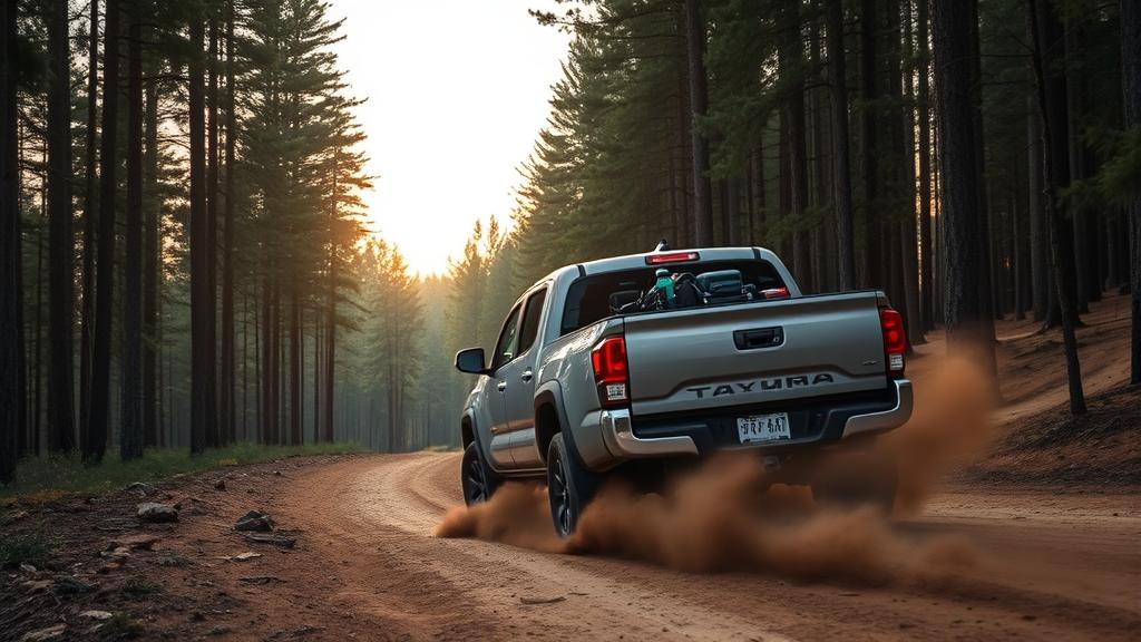 2026 Toyota Tacoma TRD Off-Road on a narrow dirt trail through a pine forest at dusk with camping gear in the bed