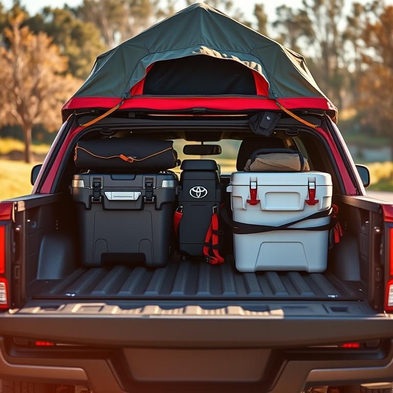 2026 Toyota Tacoma pickup bed loaded with camping gear including rooftop tent bag and dry storage boxes secured with ratchet straps