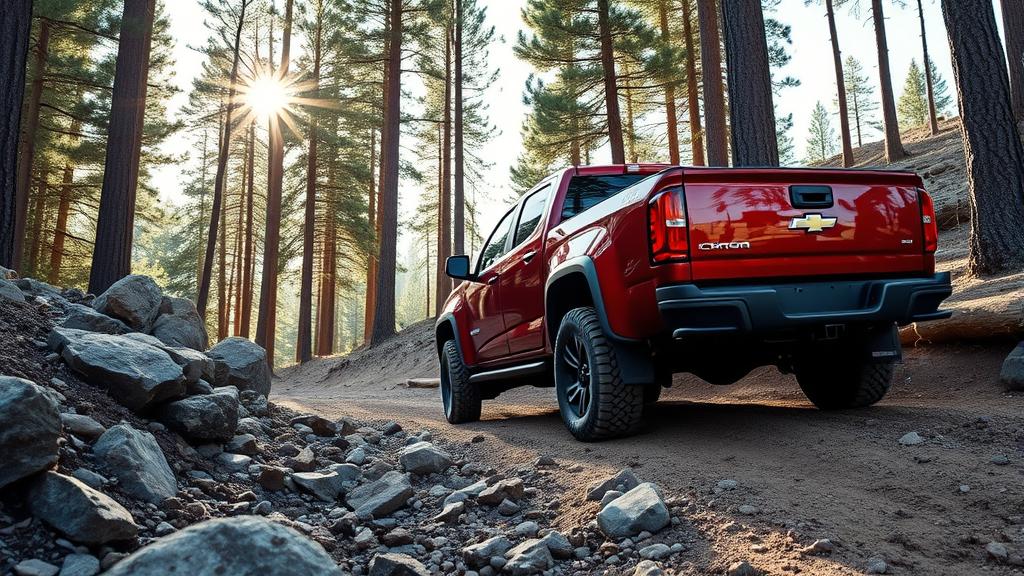 2026 Chevrolet Colorado ZR2 navigating a rocky dirt trail through a mountain pine forest