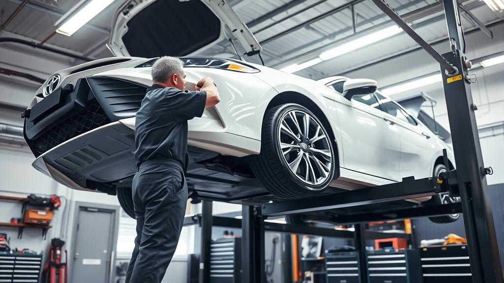 A mechanic inspecting the engine bay of a high-mileage sedan on a lift at a busy independent repair shop