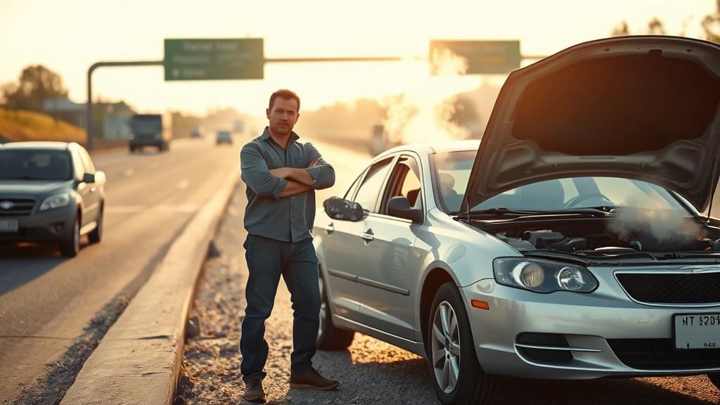 A stranded driver standing beside a broken-down vehicle on the side of a highway with hood open