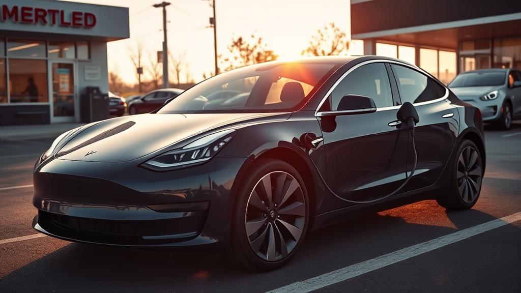 Used electric vehicle at a dealership lot with charging cable connected, 2026 pre-owned EV inspection