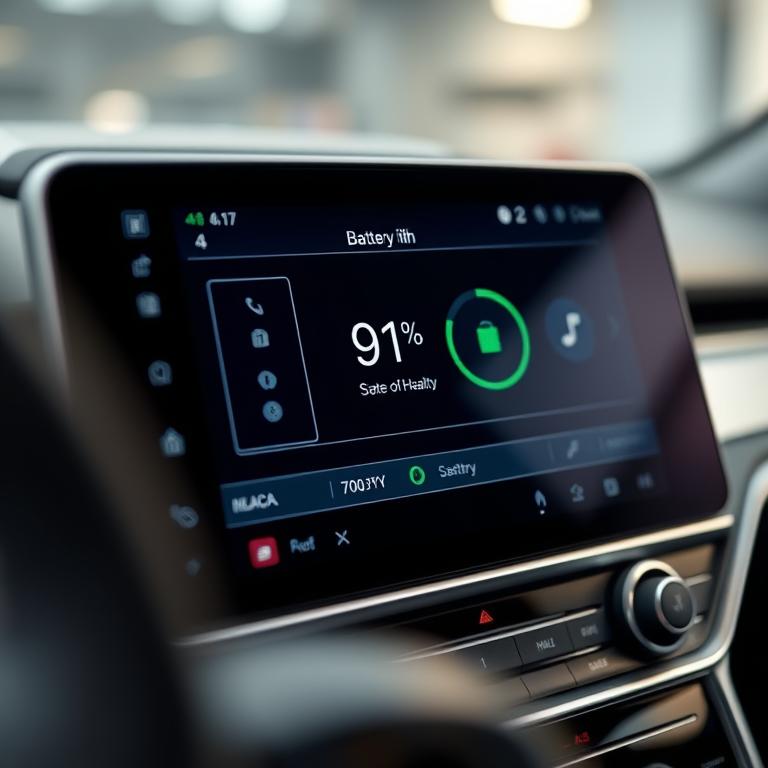 EV battery state of health readout on dashboard infotainment screen showing 91 percent capacity