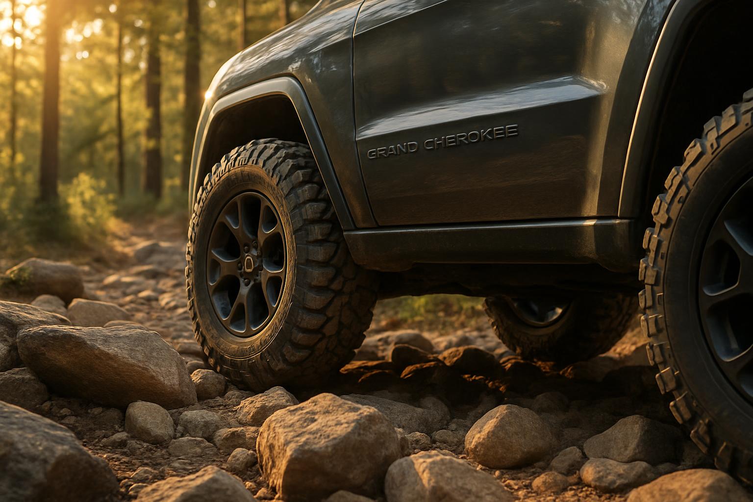 2026 Jeep Grand Cherokee and 2026 Ford Explorer parked side by side on a Tennessee highway overlook at golden hour