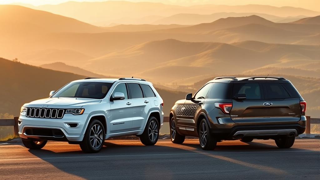 2026 Jeep Grand Cherokee and 2026 Ford Explorer parked side by side on a Tennessee highway overlook at golden hour