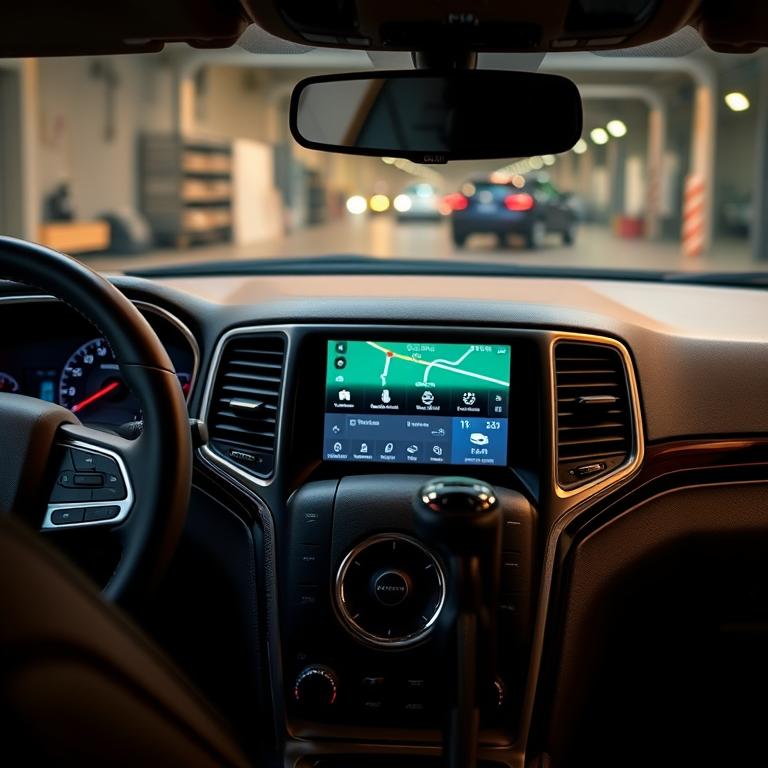 2026 Jeep Grand Cherokee front interior showing Uconnect 5 touchscreen and textured leather steering wheel