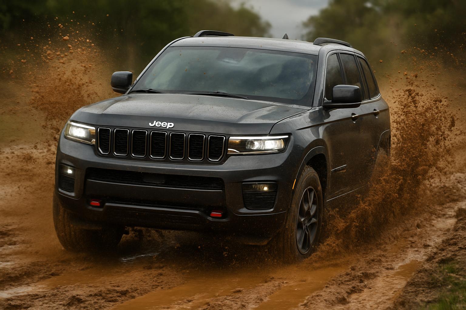 2026 Jeep Grand Cherokee L cargo area with third-row seats folded, rear hatch open at suburban driveway