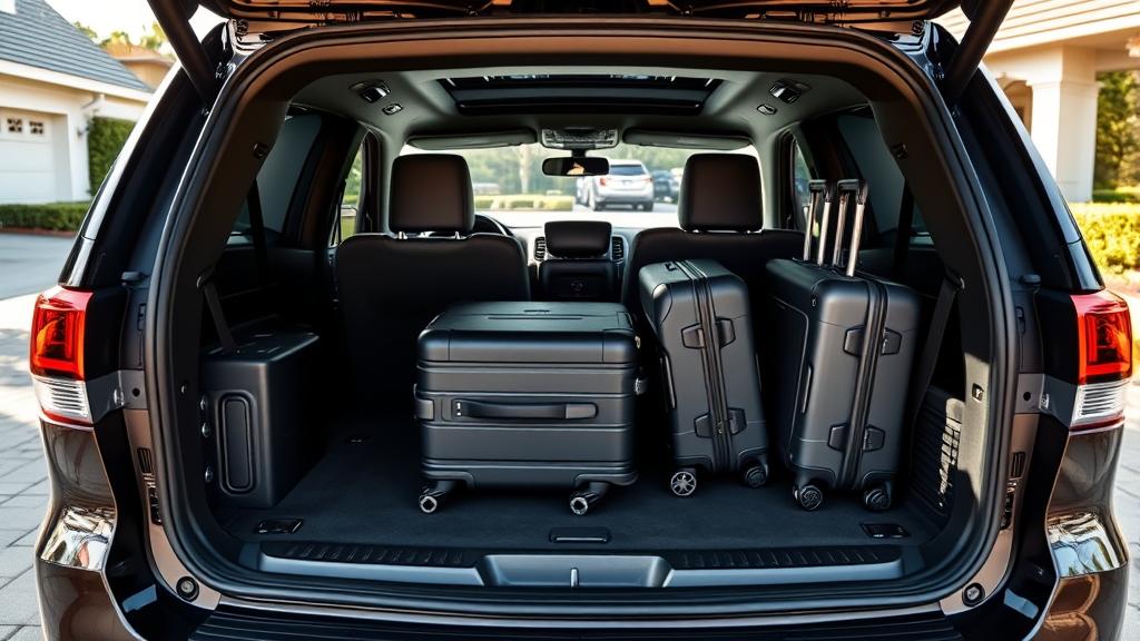 2026 Jeep Grand Cherokee L cargo area with third-row seats folded, rear hatch open at suburban driveway