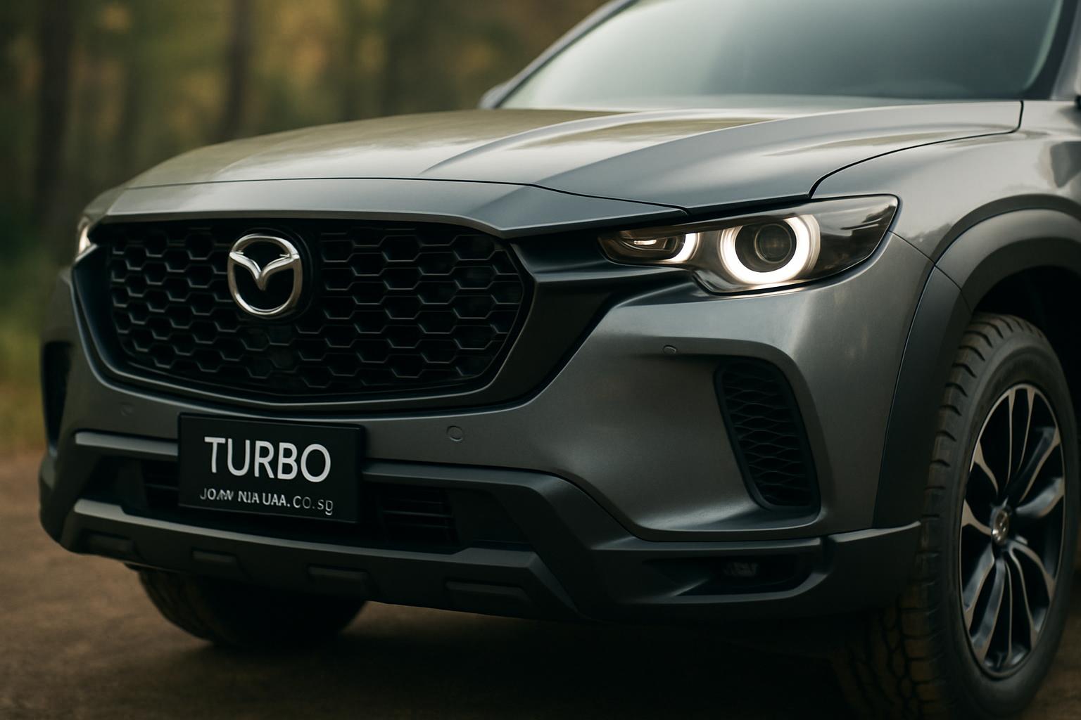 2026 Mazda CX-50 Turbo and 2026 Subaru Forester side by side on a Pacific Northwest highway, overcast sky, wet pavement