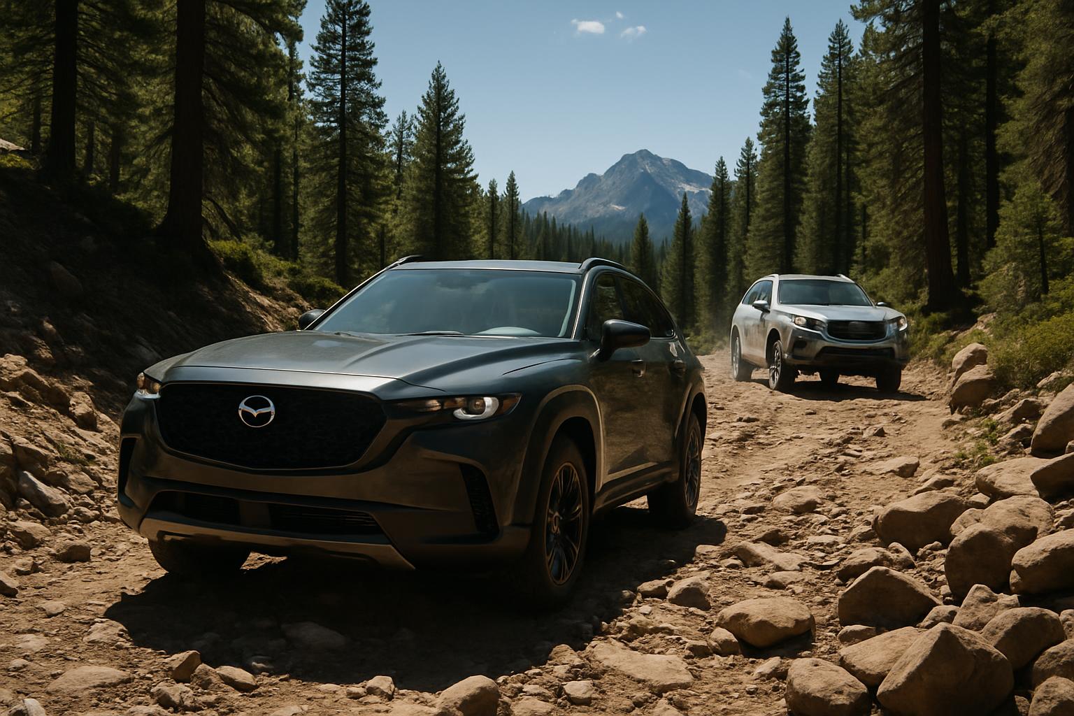 2026 Mazda CX-50 Turbo cruising on a Pacific Northwest interstate at highway speed, motion blur on background trees