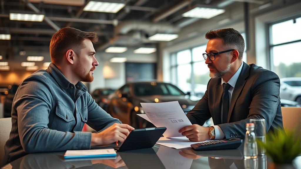 Car buyer reviewing auto loan paperwork with finance manager at a dealership desk, showing loan term documents and a calculator