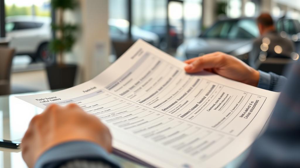 Car buyer at dealership looking at auto loan terms on a printed document, visible calculator and financing paperwork on the desk