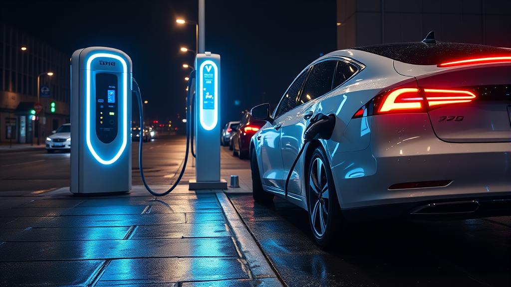 Electric vehicle charging at a DC fast charger station at night, illuminated charging cables connected to a white sedan in an urban parking area