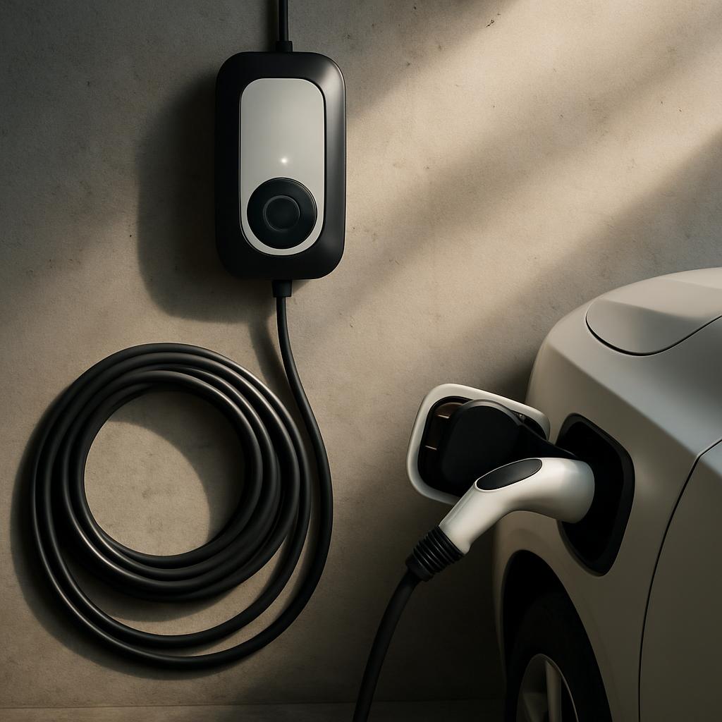 Level 2 home EV charger mounted on a residential garage wall with charging cable connected, representing cost-effective home charging versus public DC fast charging