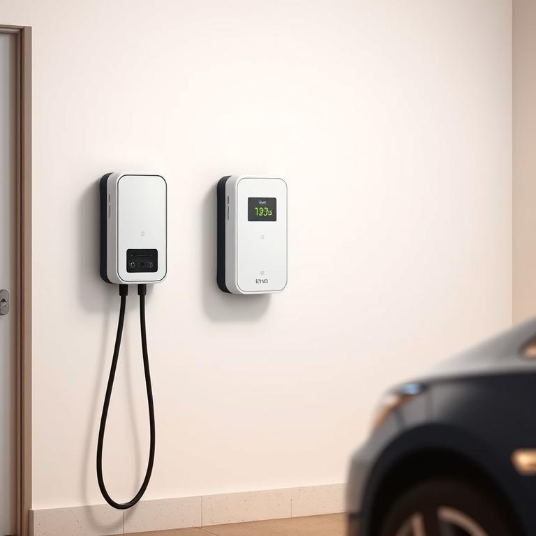 Level 2 home EV charger mounted on a residential garage wall with charging cable connected, representing cost-effective home charging versus public DC fast charging