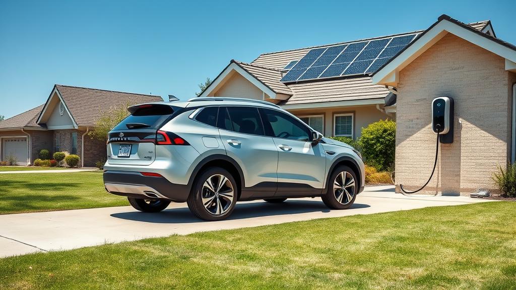Electric vehicle parked in suburban driveway with residential solar panels visible on rooftop, representing combined EV and renewable energy cost strategy by state