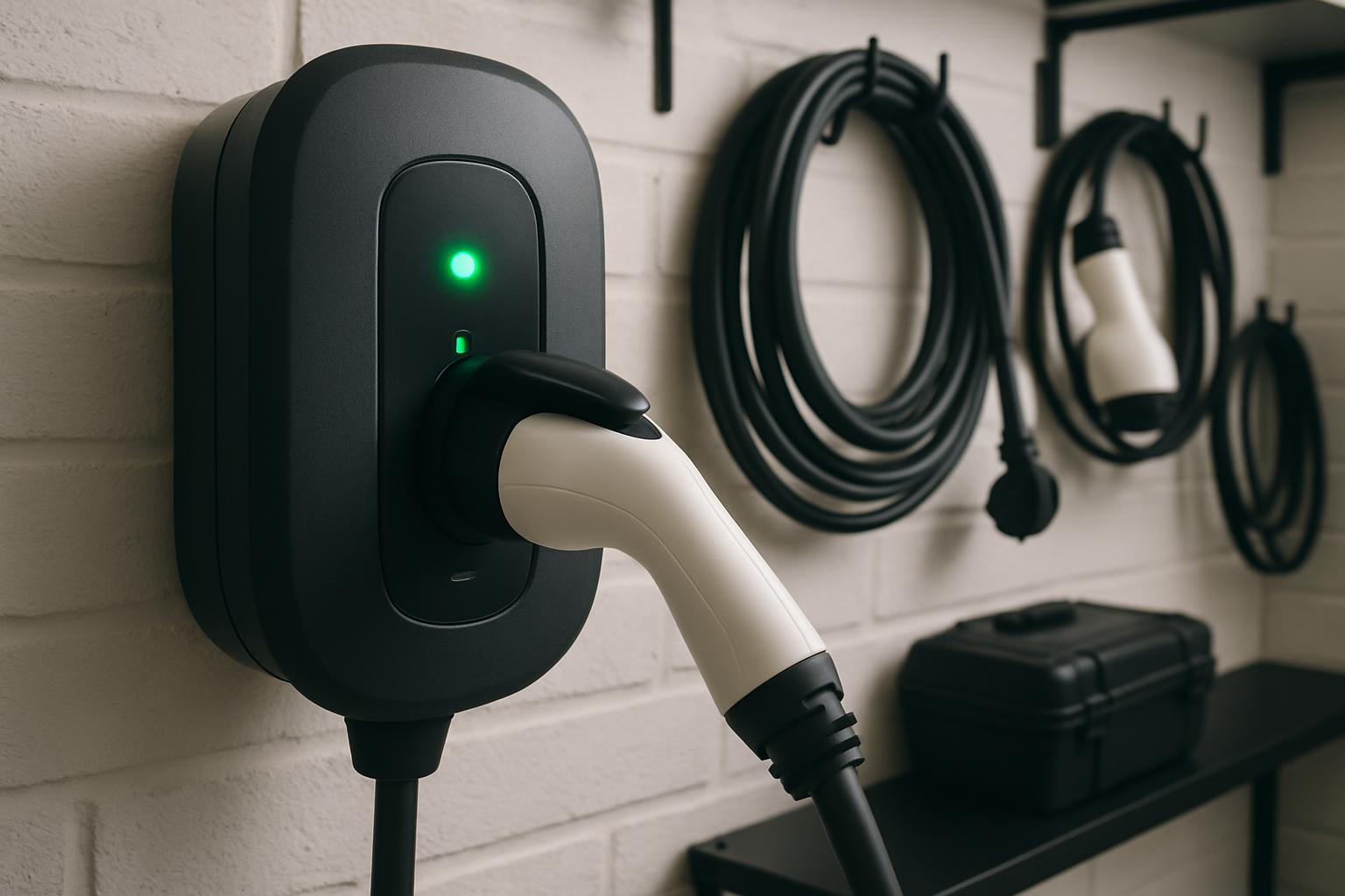 Electric vehicle plugged into a Level 2 home charger in a residential garage, charge indicator showing 80% on dashboard screen, evening lighting