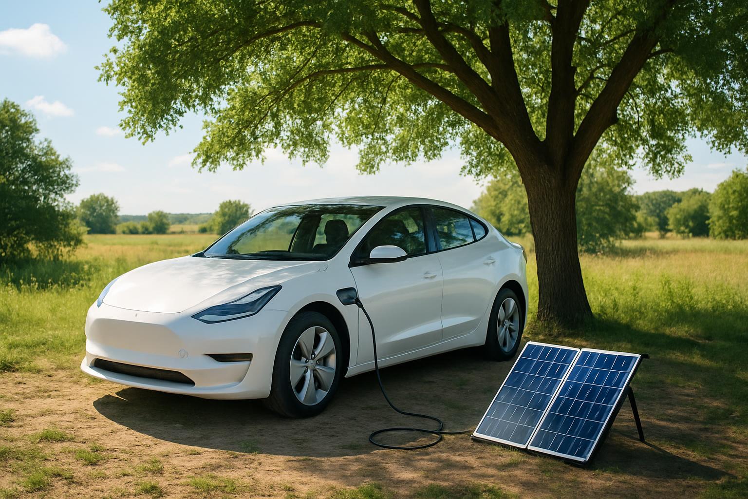 Electric vehicles at a DC fast charging station on a clear day, multiple charging stalls in use along a highway corridor