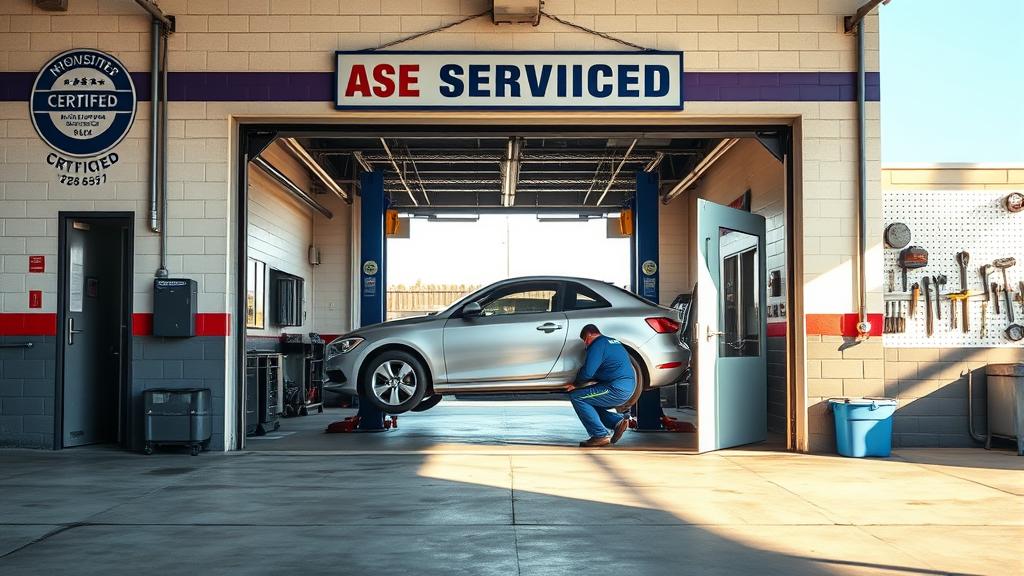Independent auto repair shop with open service bays, mechanic working on vehicle on hydraulic lift, morning light, ASE certification signage visible