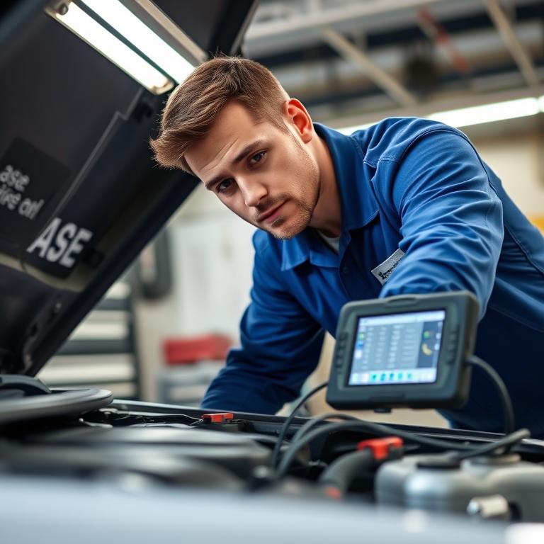 ASE-certified mechanic reviewing live diagnostic data on scan tool display connected to a vehicle OBD-II port inside a repair bay