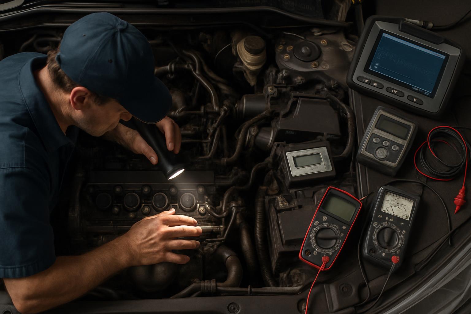 Mechanic holding printed diagnostic report and explaining repair findings to vehicle owner at service counter in clean auto repair shop