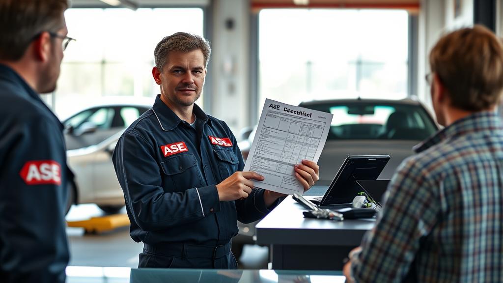 Mechanic holding printed diagnostic report and explaining repair findings to vehicle owner at service counter in clean auto repair shop