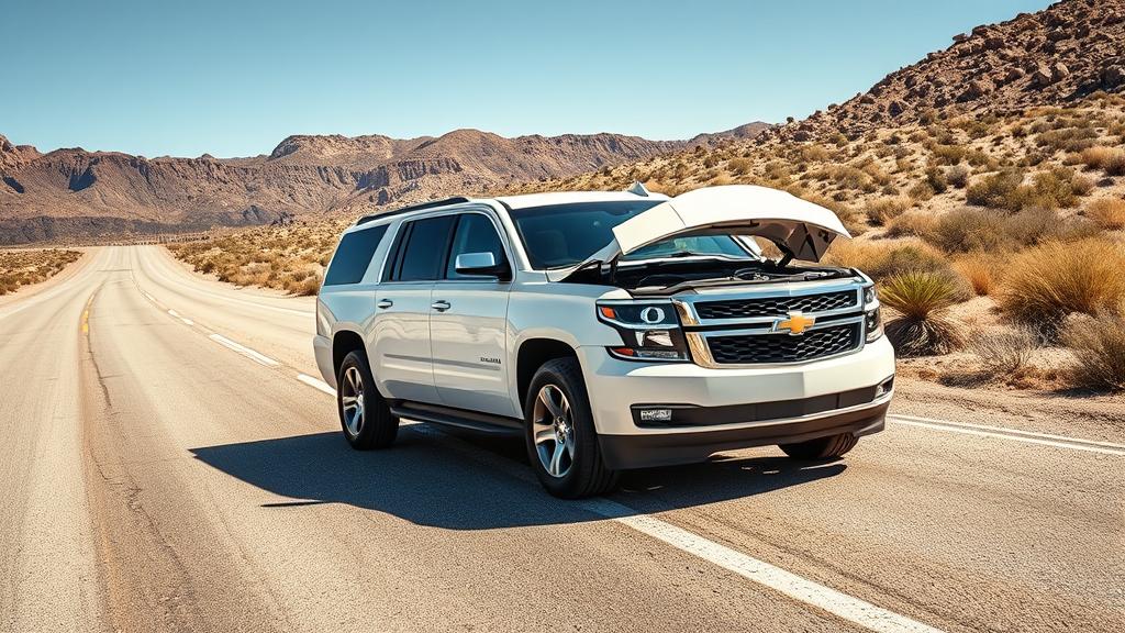 A white 2016 Chevrolet Suburban pulled to the shoulder of a desolate Mojave Desert highway in summer heat, hood up, heat haze visible on the asphalt