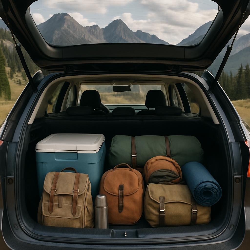 A silver Subaru Outback packed with camping gear parked at a desert trailhead, gear visible through windows, late afternoon light