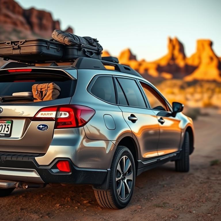 A silver Subaru Outback packed with camping gear parked at a desert trailhead, gear visible through windows, late afternoon light
