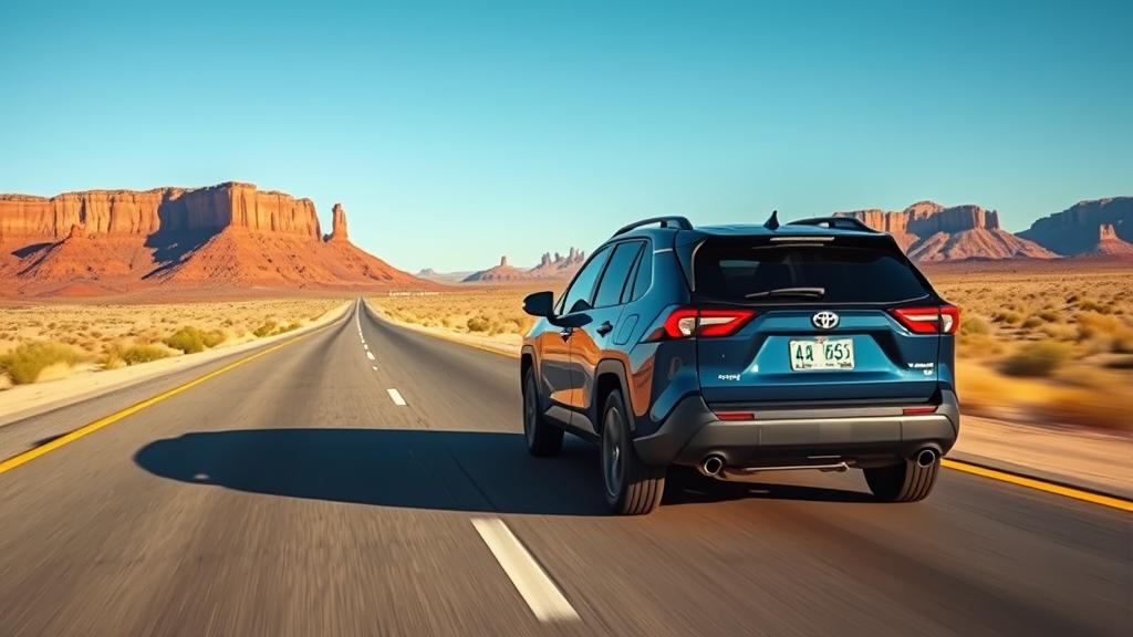 A loaded 2026 Toyota RAV4 Hybrid driving on a wide two-lane highway through the American Southwest, empty road stretching to the horizon