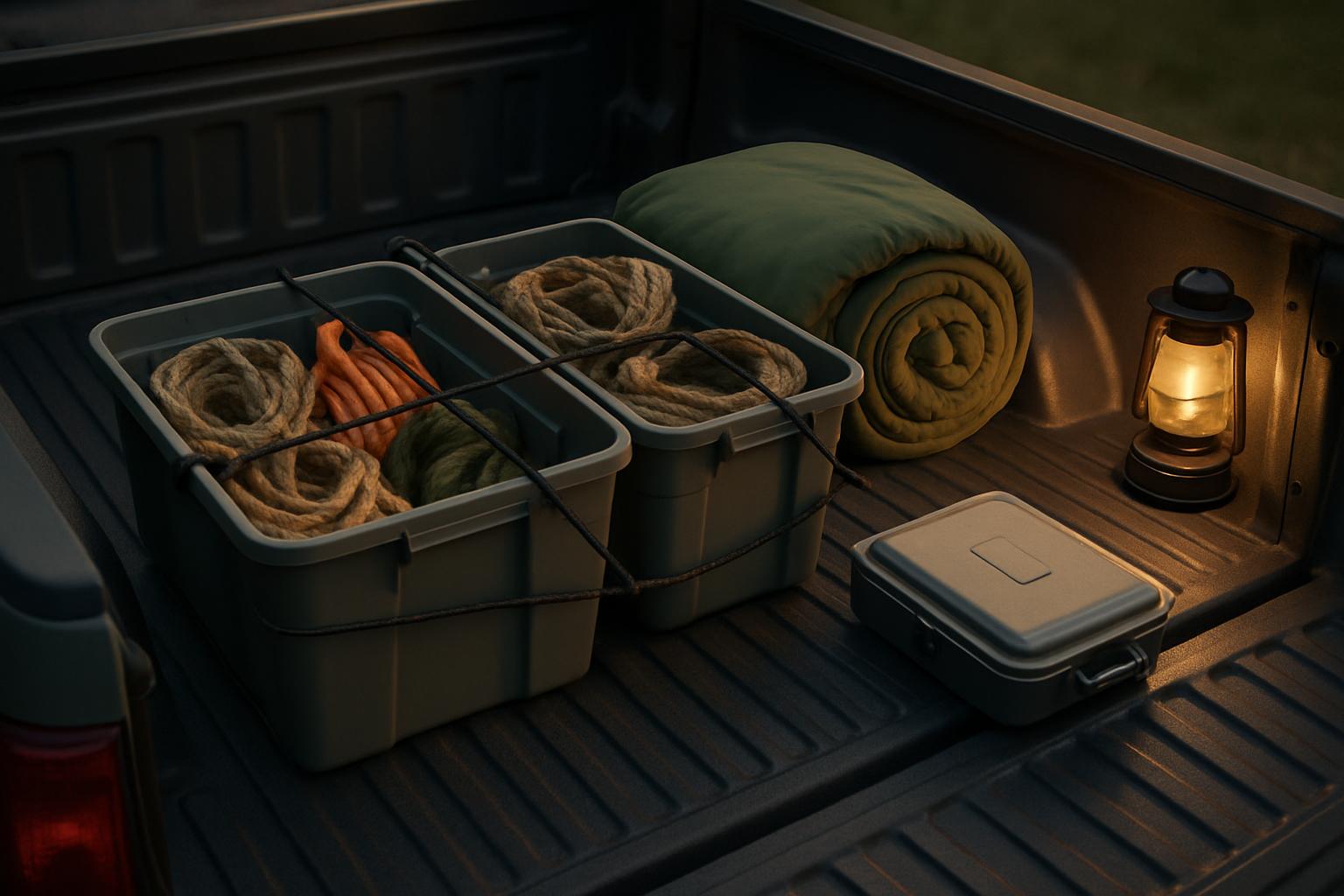 Half-ton pickup truck with open tailgate loaded with camping gear, coolers, and duffel bags in a driveway before a road trip departure