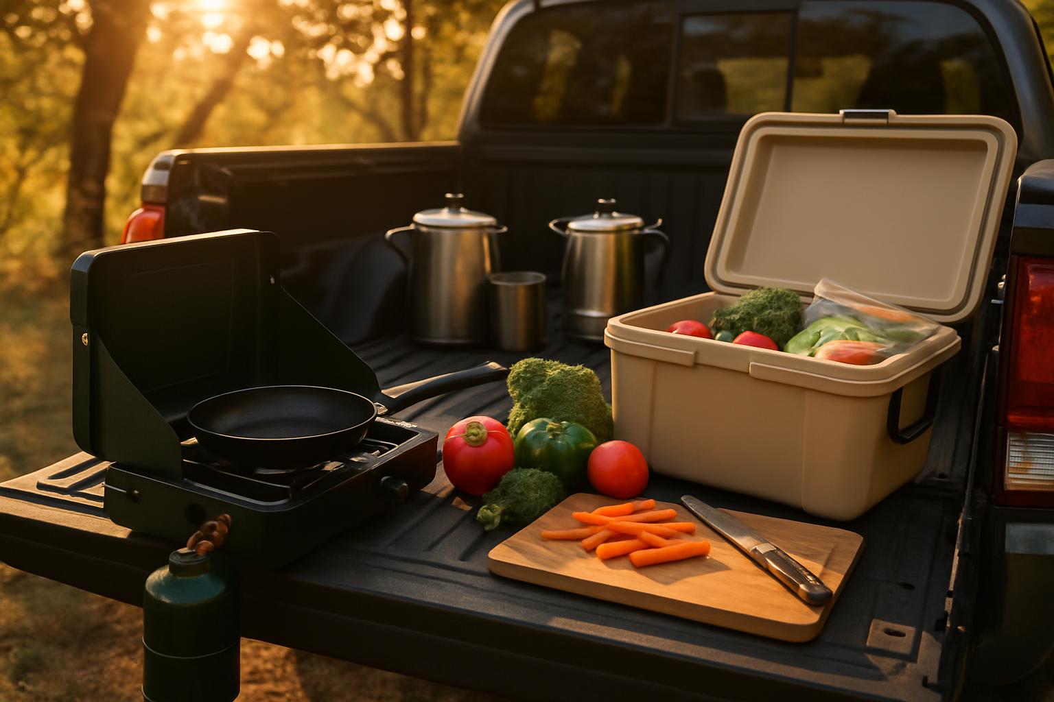 Organized truck bed with ratchet straps securing cooler, bins, and camping gear before a road trip in a residential neighborhood
