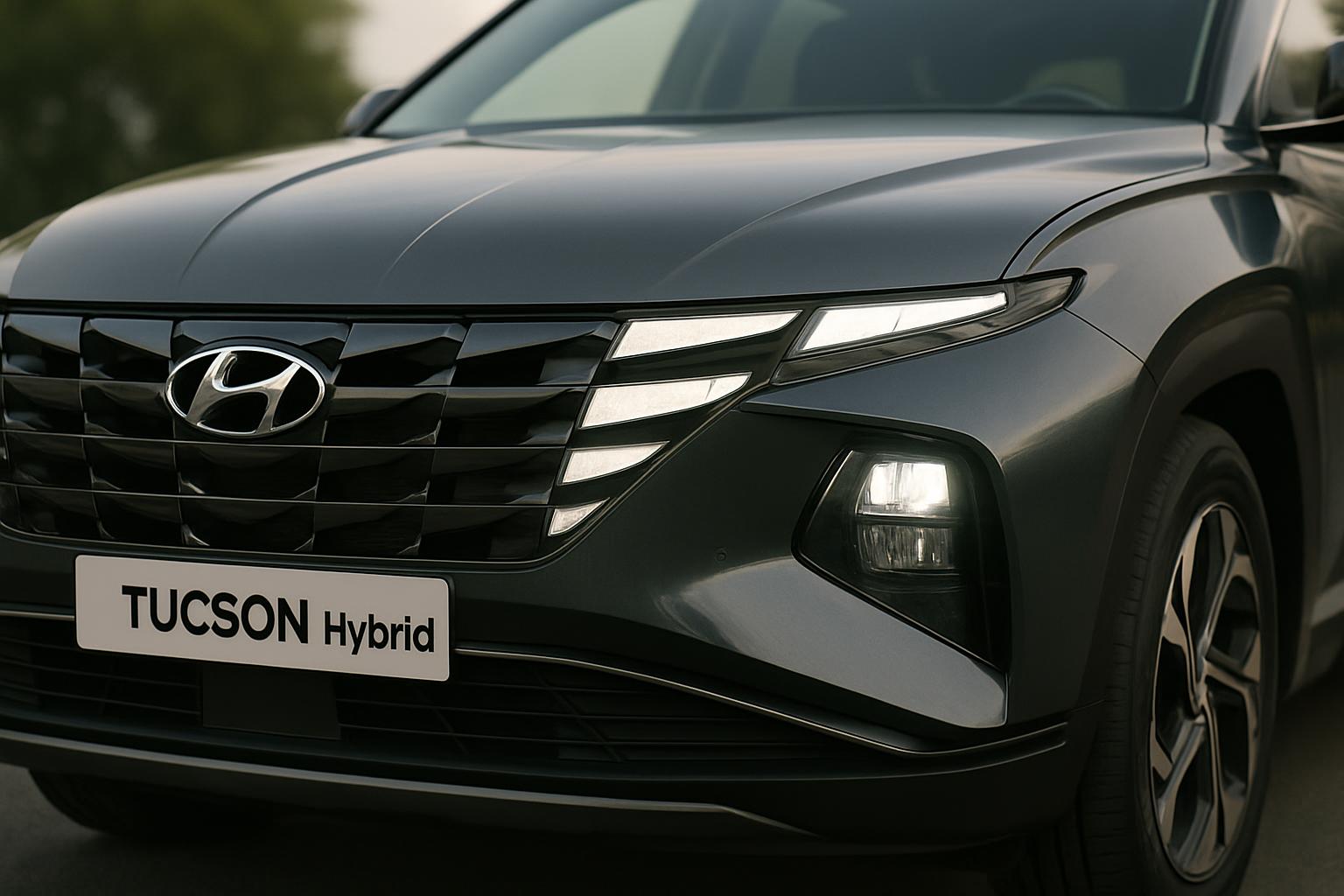 Hyundai Tucson Hybrid in deep blue parked on a foggy mountain road at dawn, front three-quarter view
