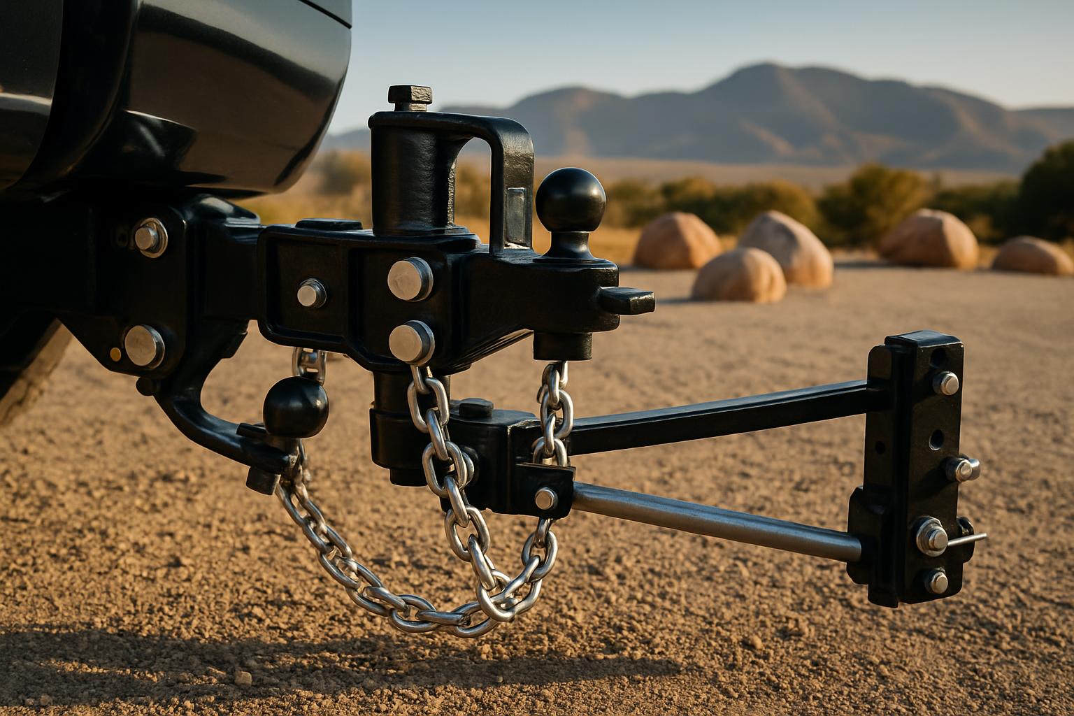 Half-ton pickup truck visibly sagging at the rear hitch while attached to a large travel trailer in a Utah campground, red rock landscape in background