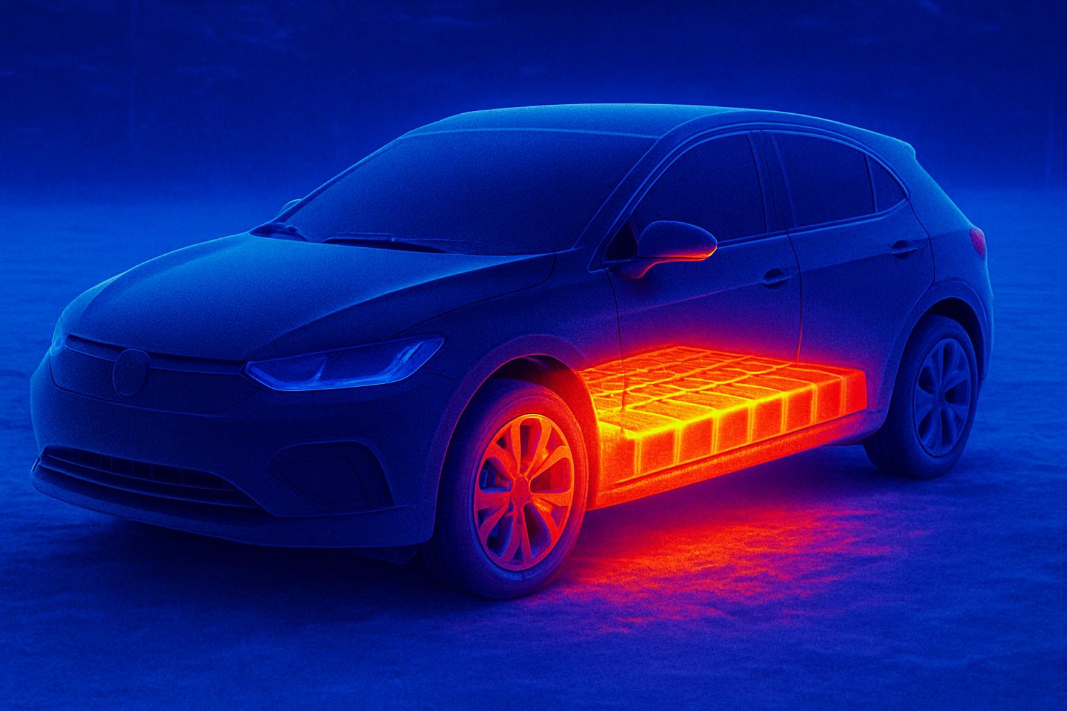 White electric SUV driving on a wet winter highway with snow banks on the sides, headlights on, light snowfall