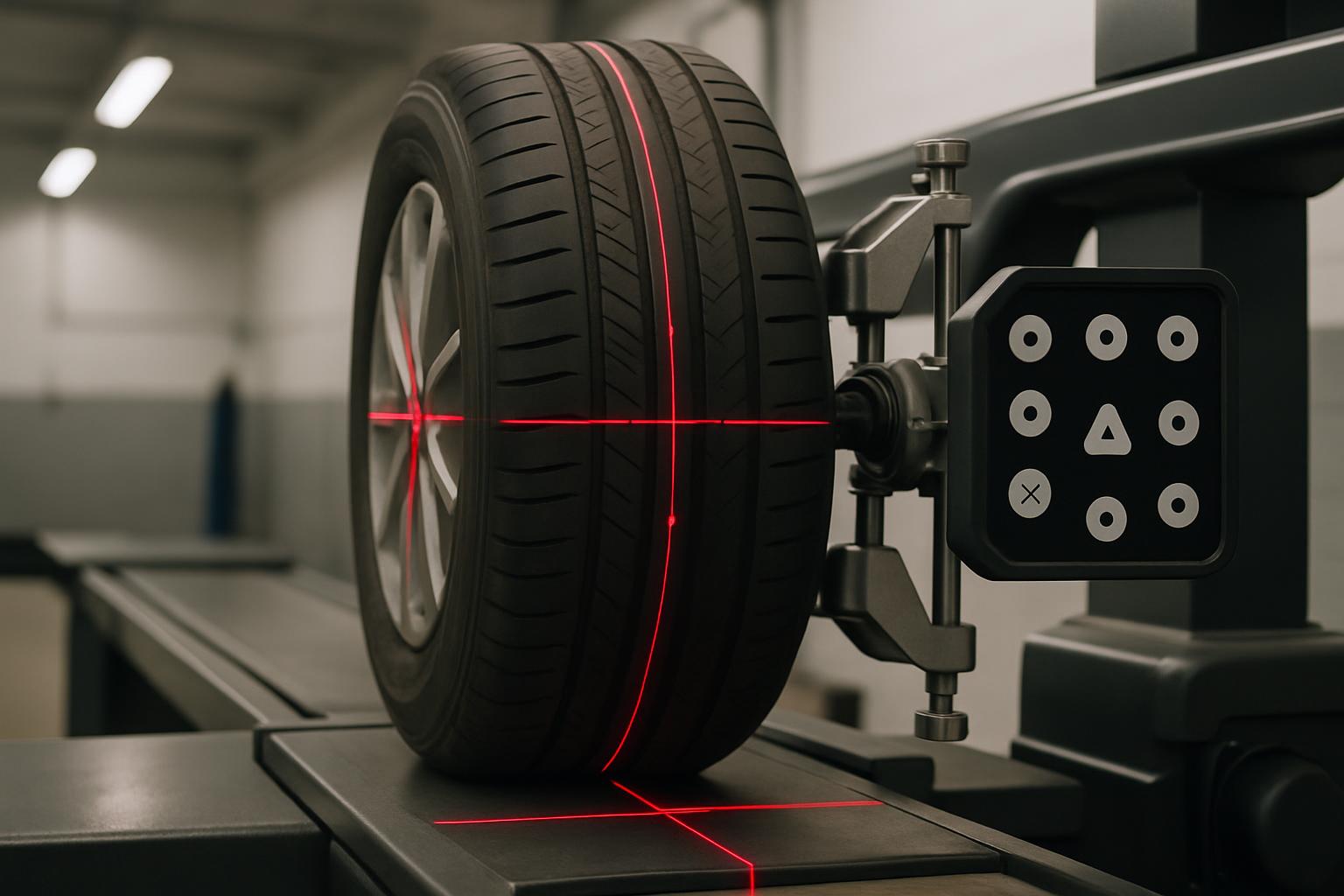 Close-up of car tire showing uneven tread wear on inner edge, wet asphalt surface
