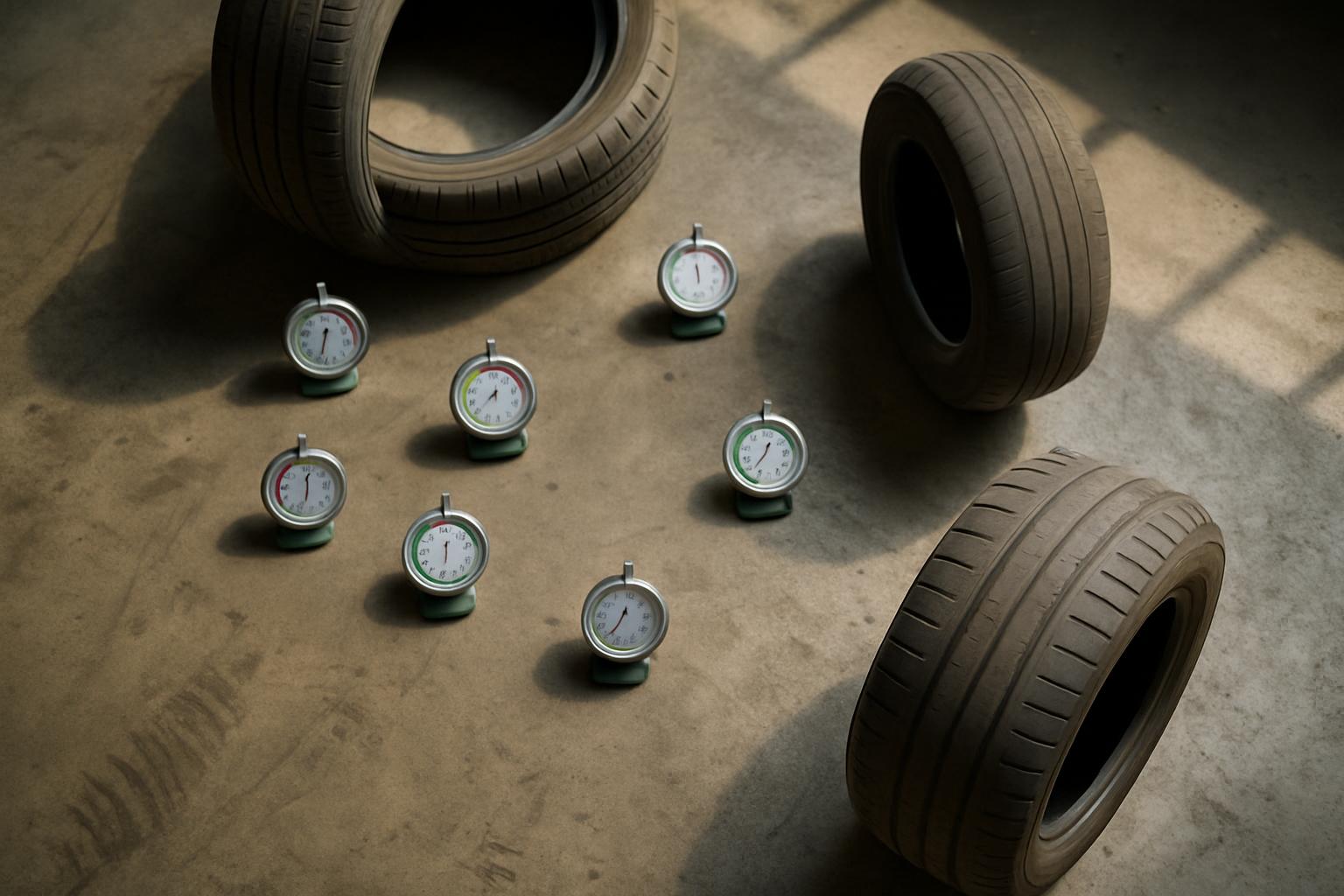Wheel alignment rack with sensor clamps attached to all four tires of a sedan in a service bay